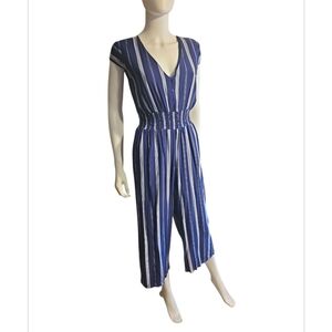 Blue Rain Striped Jumpsuit with V-Neck and Wide-Leg